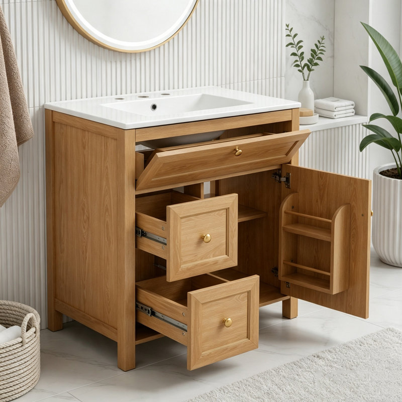 Meuble-lavabo de salle de bain cannelé 30 po avec lavabo, Bois - 2 tiroirs