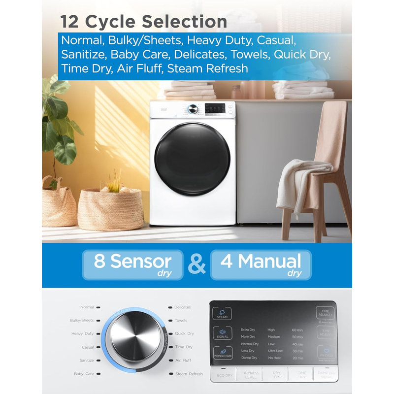 BLACK+DECKER 8.0 Cu. Ft. Electric Front Load Dryer with Steam, Clothes Dryer with LED Display, 12 Cycle Selections, ENERGY STAR, 240V Machine Requires Professional Installation, BFLD80ME, White