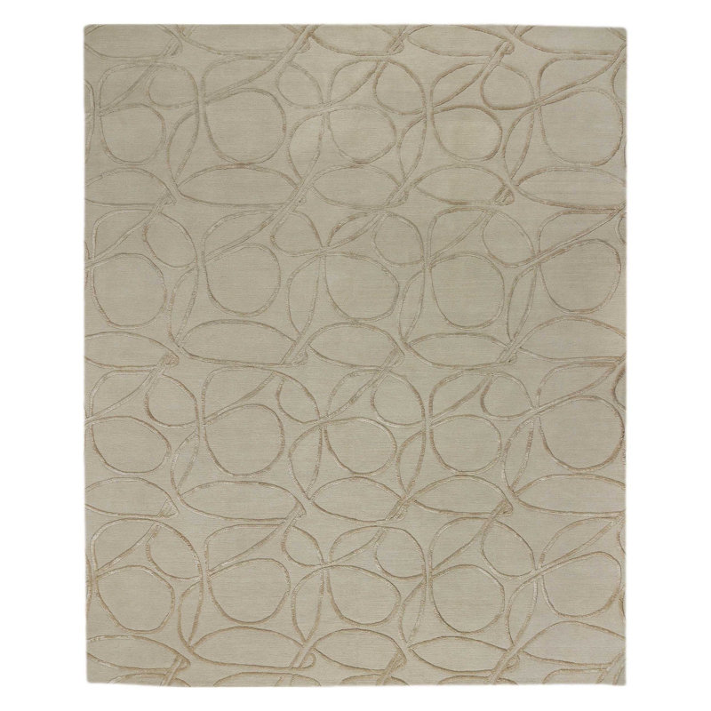 Clover Geometric Hand-Knotted Wool/Silk Beige/Neutral Area Rug, Rectangle 6' x 9', Gray