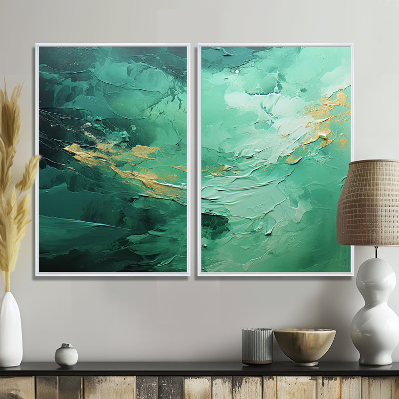 Ensemble de 2 décorations murales Emerald Euphoria I - Paysages abstraits, 36" H x 48" W, Impression encadrée flottante