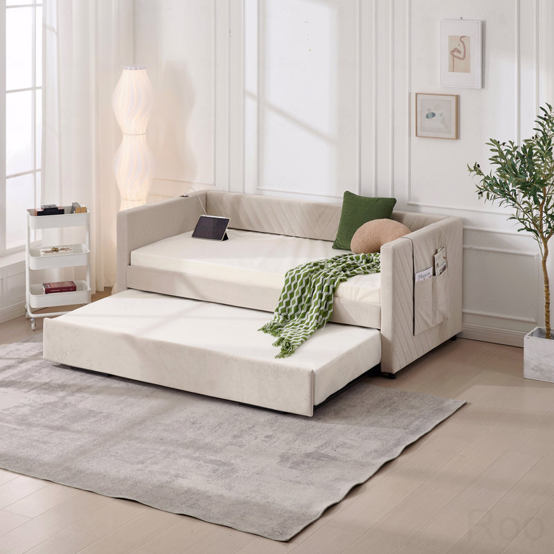 Upholstered Trundle Daybed, Twin Size,USB Port,Side Pockets, Modern V-Grained Backrest Design,No Box Spring Needed, Beige