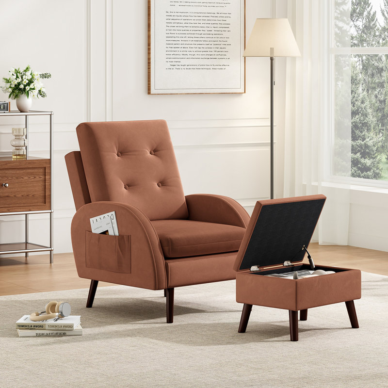Chaise d'appoint rembourrée et repose-pieds avec dossier réglable à 6 niveaux, Brun