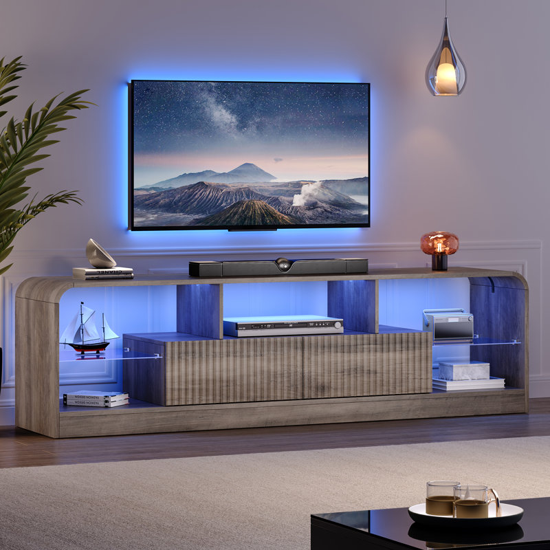 Meuble télé l 63 po avec station de charge et lumière DEL, console multimédia côtière avec 2 tiroirs, Gris