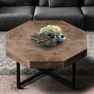 Antique Brown Octagonal Coffee Table For Home Living, Solid Wood And Metal Retro With Strong Leg Bracket,