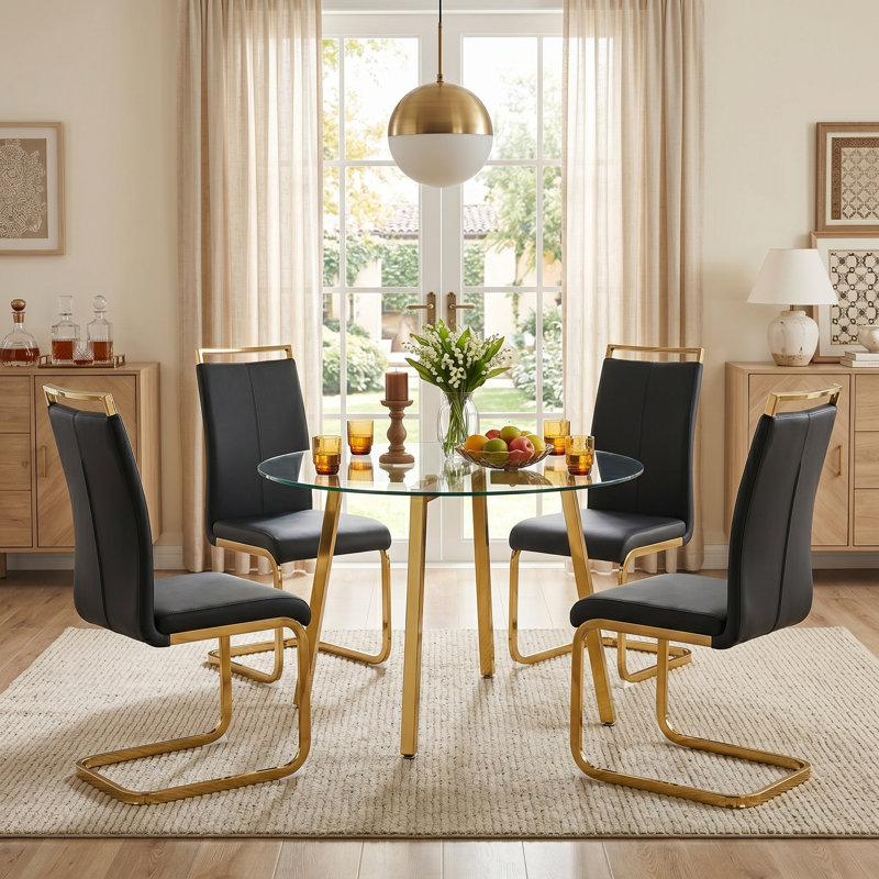 Modern Glam 5-Piece Round Tempered Glass Dining Table Set with Gold Base and Cantilever Chairs, Black, Gold