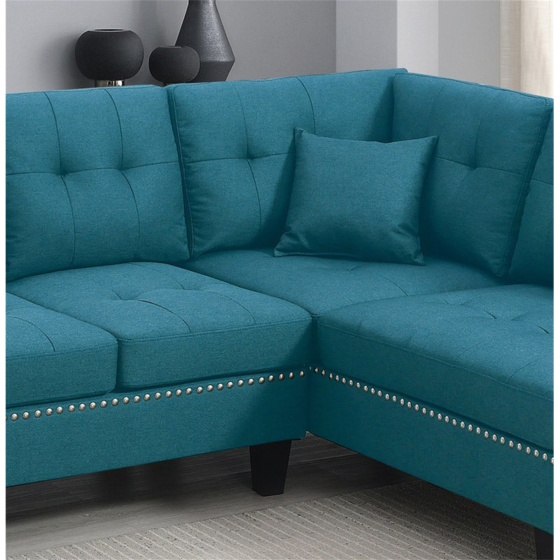 2-Pcs Sectional Set Living Room Furniture LAF Sofa And RAF Chaise Azure / Blue Color Linen Like Fabric Tufted Couch