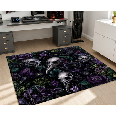 Tapis lavable à motif gothique floral sombre et tête de mort, imprimé vintage d'oiseaux et de roses, surface en velours, doux et antidérapant, décoration intérieure moderne pour salon, chambre, entrée, bureau, balcon, appartement