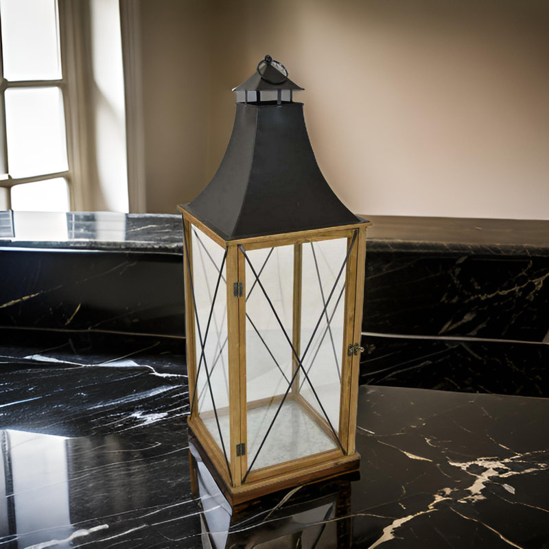 33.5'' Brown and Black Wood and Glass Hanging Lantern