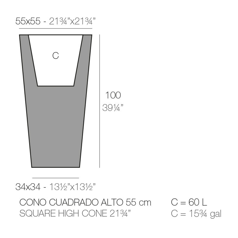 Cono Cuadrado - High Square Resin Cone Pot Planter - Basic, Ice, 39.25" H x 21.75" W x 21.75" D