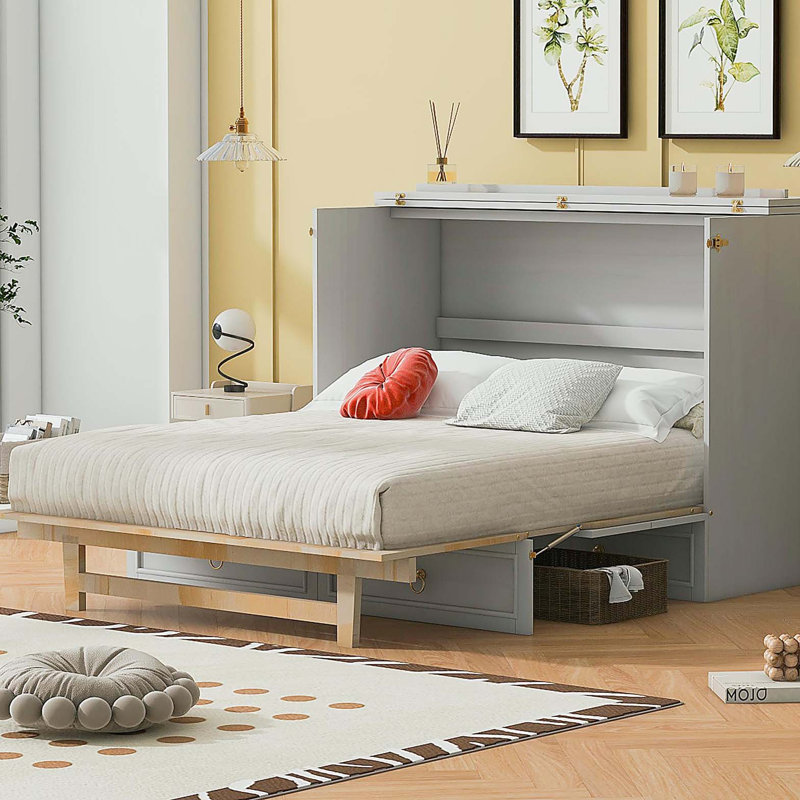 Lit escamotable double avec grands tiroirs, blanc, Lit double, Blanc