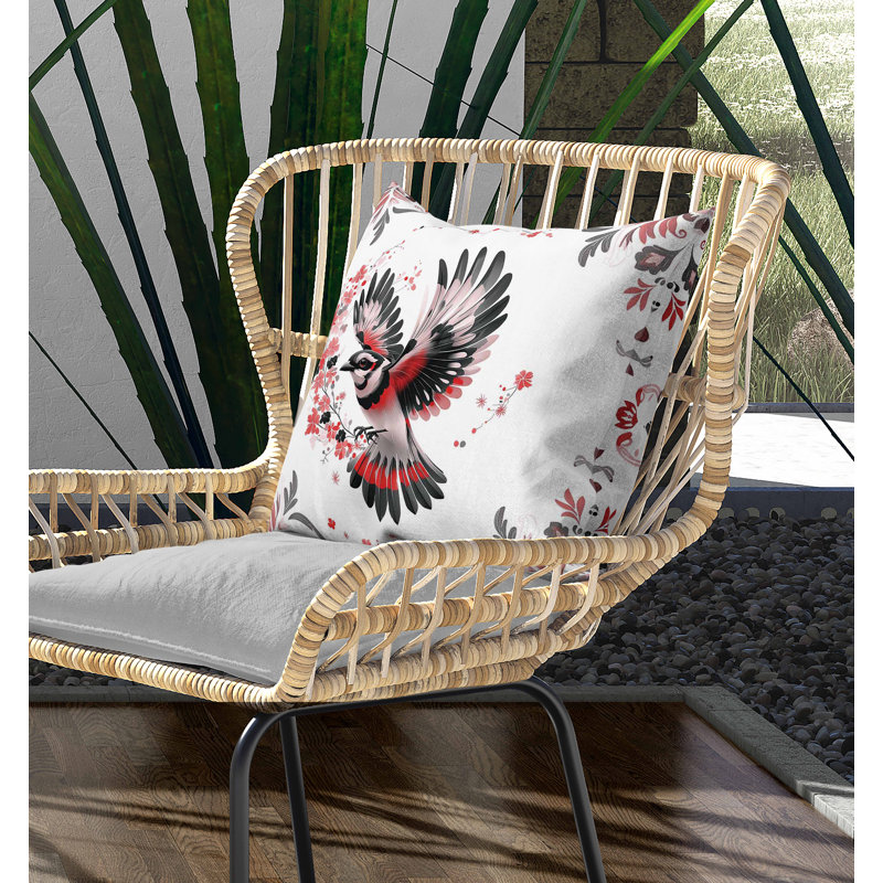 Coussin intérieur / extérieur Blaze Bird, Carré 20 po, Noir / blanc / rose