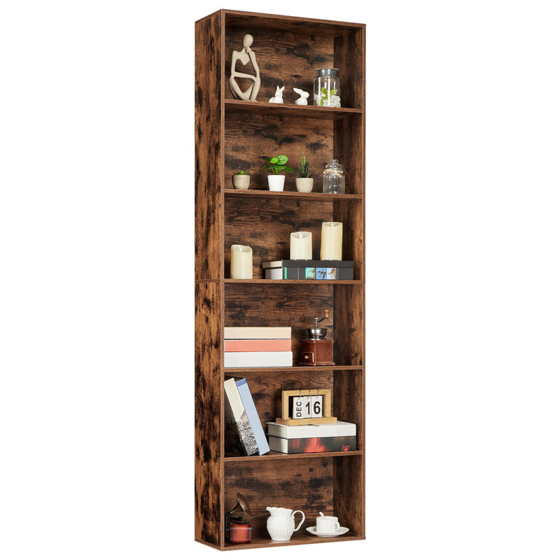 71.4" Tall 6-Tier Wood Bookcase, Slim Industrial Bookshelf with Anti-Tip Design, Brown