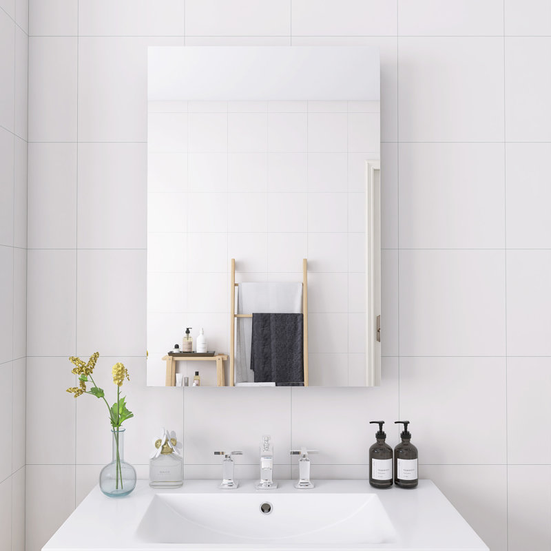 Rectangular Recessed Or Wall Mount Aluminum Frameless Medicine Cabinet Mirror With Adjustable Glass Shelves