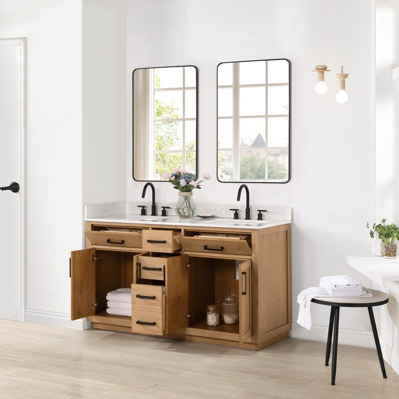 Ensemble de meuble-lavabo double avec miroir Gavino, Marron clair, Noir, 60"