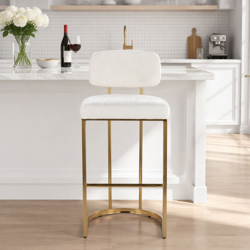 Tabouret de bar à hauteur fixe en métal doré et tissu crème - Ensemble de 2