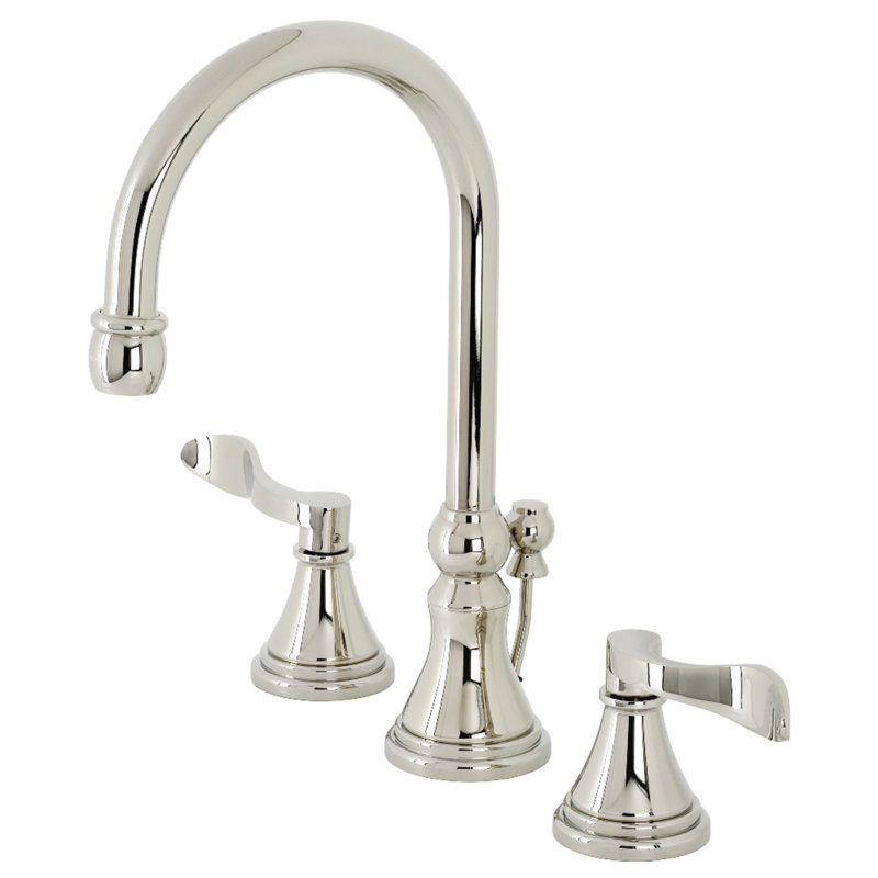 Kingston Brass NuFrench Two-Handle 3-Hole Deck Mount Widespread Bathroom Faucet with Brass Pop-Up Drain, Polished Nickel