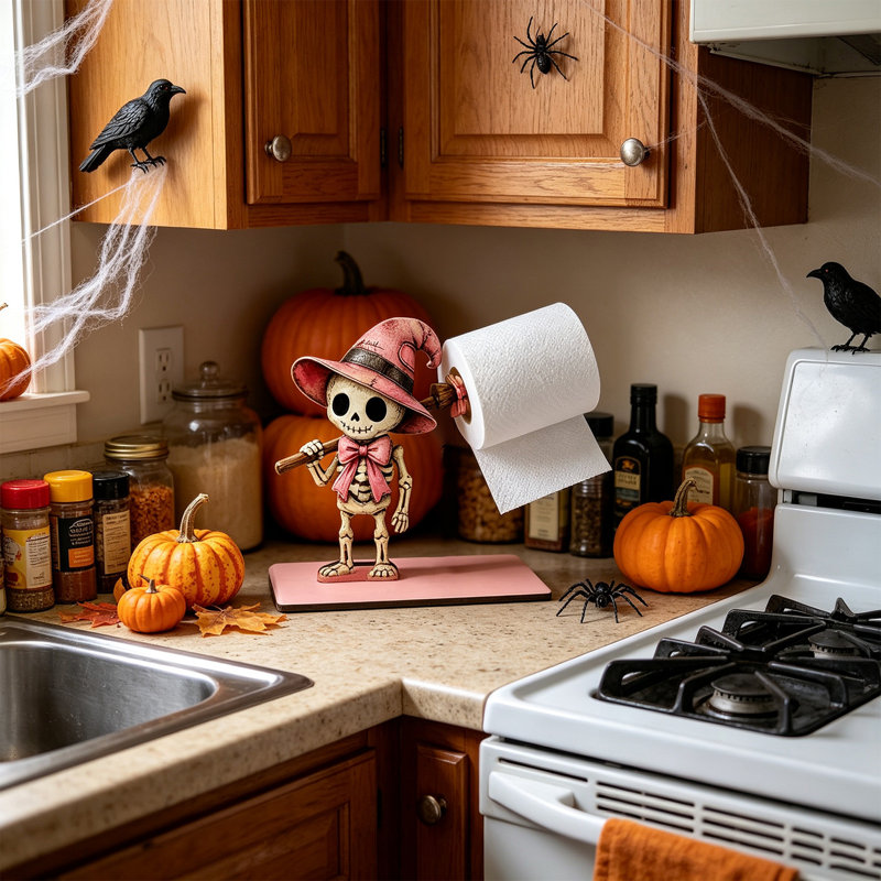 Décoration d'Halloween : distributeur de papier essuie-tout décoratif en bois représentant un personnage effrayant mignon, accessoire de cuisine à poser sur le comptoir.