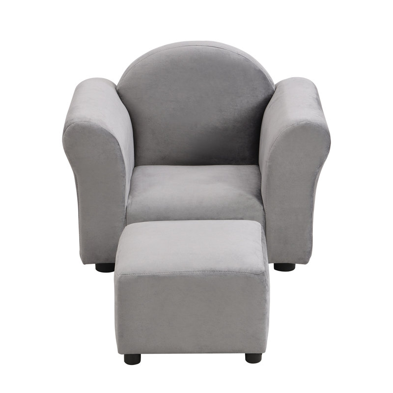 Kids Velvet Upholstered Armchair with Ottoman in Gray