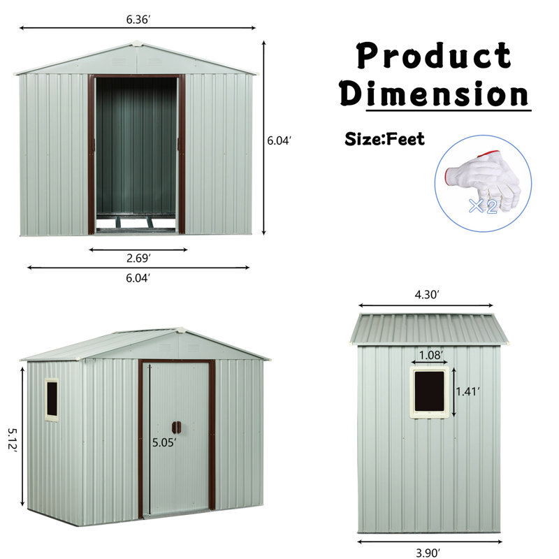 Remise de rangement en métal 6 pi x 5 pi, blanche avec fenêtre de fondation, pour activités de plein air -, Blanc