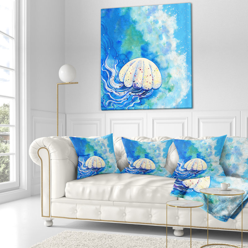 Grande aquarelle méduse - coussin imprimé animal, 18 po x 18 po, Coussin décoratif