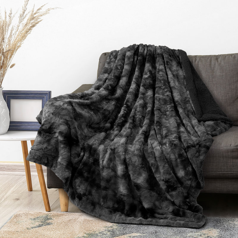 Black Tie-Dye Faux Fur Sherpa Reversible Throw Blanket