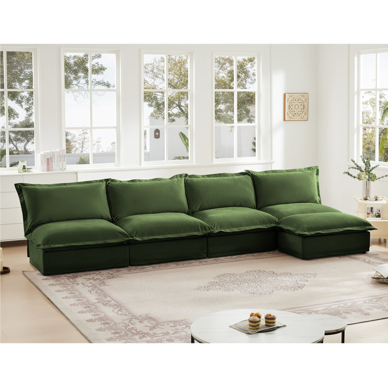 Canapé modulaire sans accoudoirs modulaire à 4 places avec repose-pieds amovible en chenille verte, canapé très profond en forme de nuage pour le salon