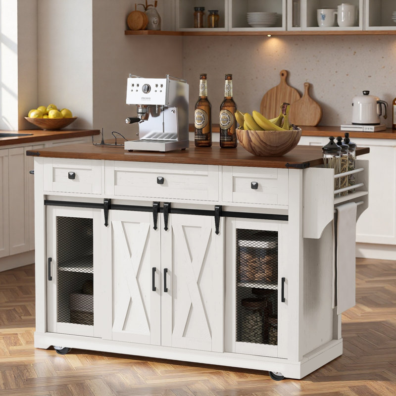 Farmhouse Kitchen Island with Storage, Sliding Barn Door & Metal Grid Side Door, White