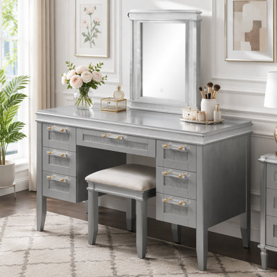 Bureau de coiffeuse 48 "avec miroir et lumières, coiffeuse de maquillage avec 7 tiroirs et tabouret rembourré, coiffeuse avec tiroir à design creux