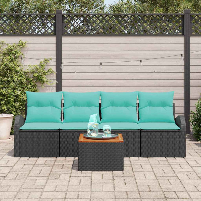 Ensemble de canapé de jardin vidaXL 5 pièces en rotin de polyester noir et turquoise