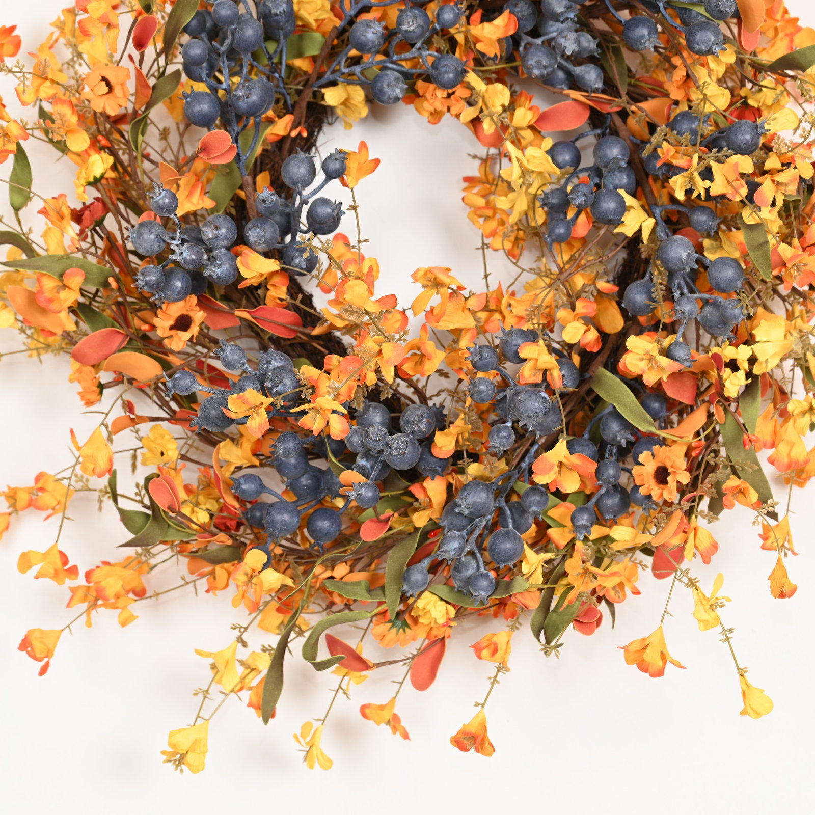 24" Handcrafted Berry Thanksgiving Wreath, Yellow;Blue