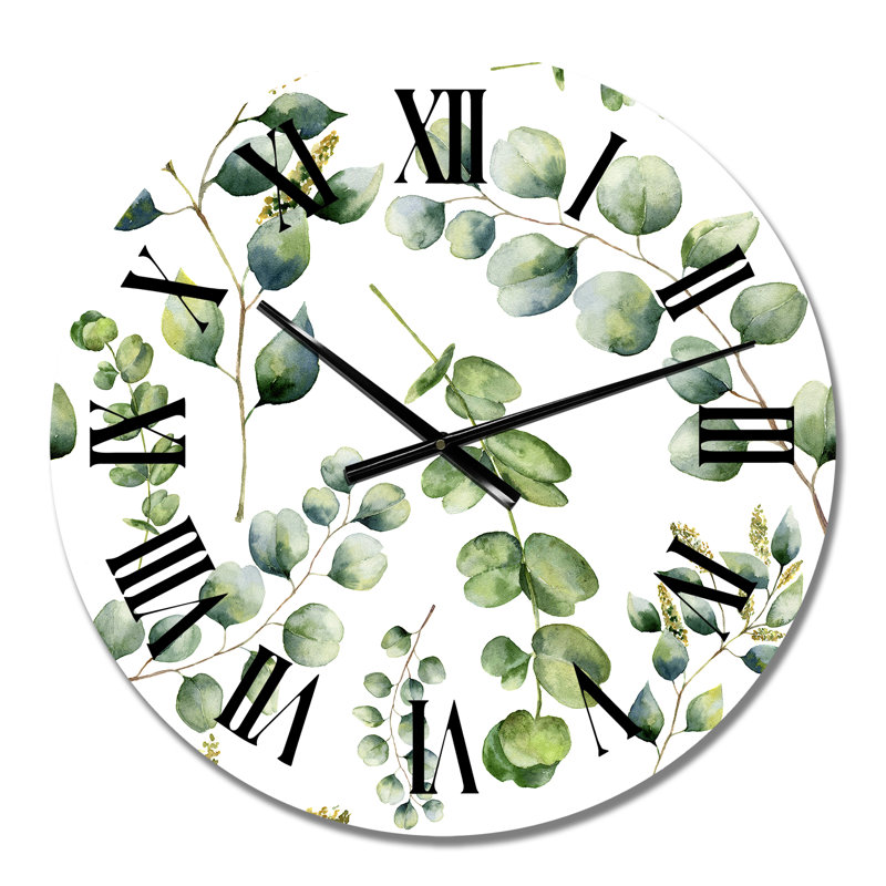 Branches d'eucalyptus sur blanc Iii - Horloge murale à motifs, Petit