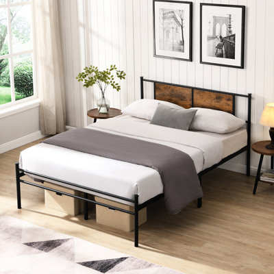 King Size Metal Bedframe With Wood Panel Decoration Headboard, Modern Bedroom Style, & Stable, Quiet Sleeping Area, Under Bed Storage, Easy Assembly Black Bedframe, Decorative Strong And , Silent