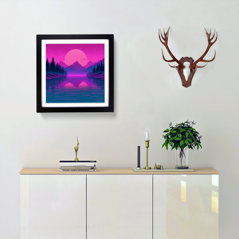 Lake Vaporwave No.2 - Single Picture Frame Print on Wood, Black