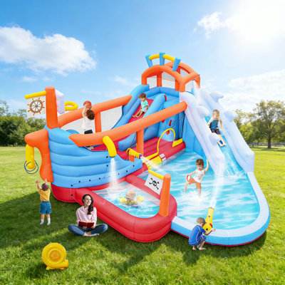 16.6'×16.3' Inflatable Water Park For Kids | Dual Slides, Climbing Wall, Basketball Hoop, Ring Toss, Water Guns & Splash Pools | Giant Bounce House With Anchor System