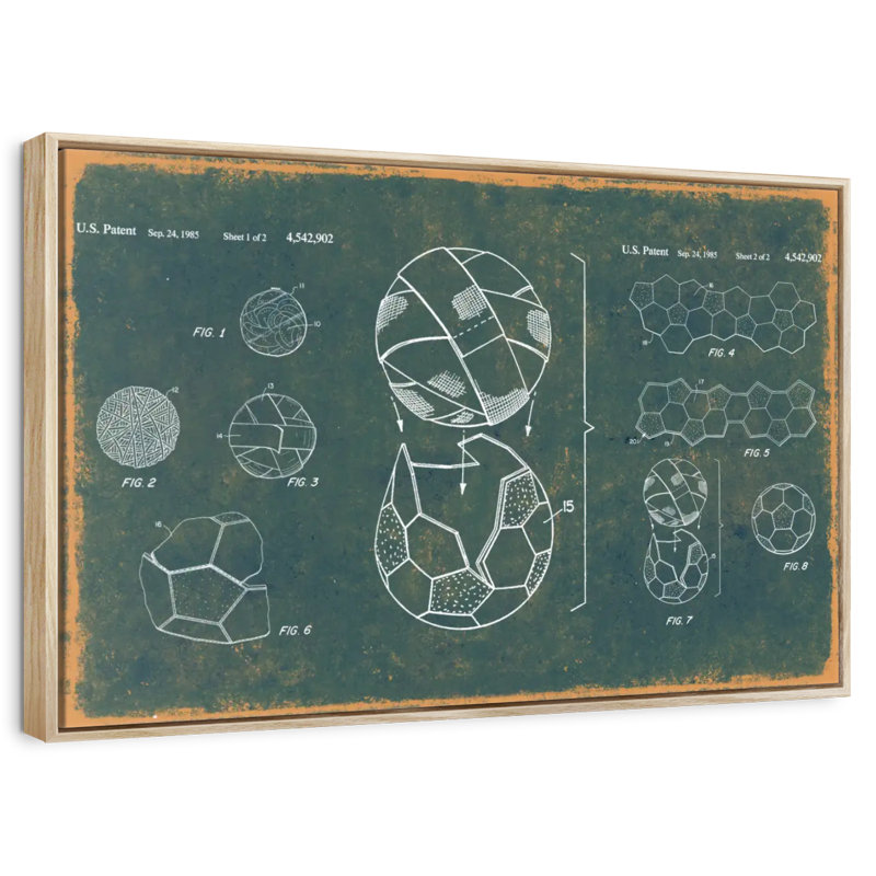 Ballon de soccer bleu sarcelle breveté, Cadre flottant en bois naturel, 46 po x 31 po