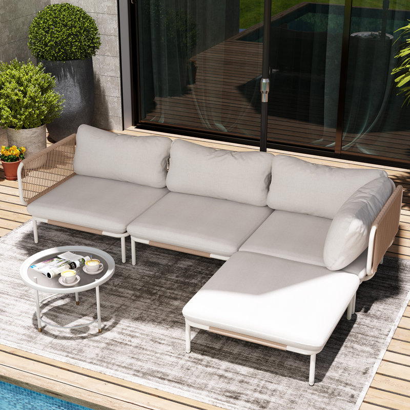 Imir 4 - Person Outdoor Patio Sectional Sofa with Cushions, Beige Cushion/Natural Frame