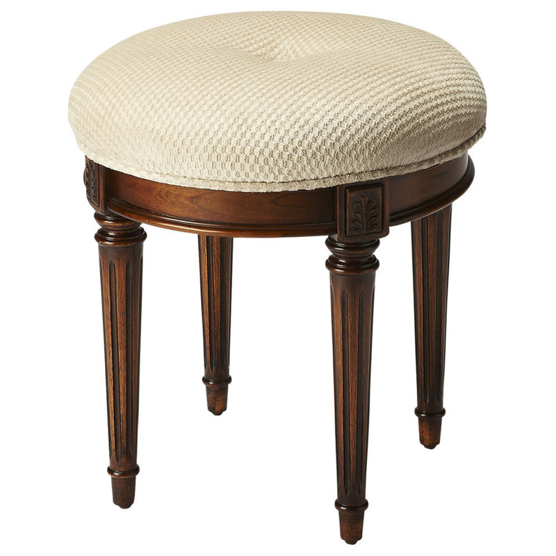 Bernadette Upholstered 18"W Vanity Stool, Olive Ash Burl, Brown/Coffee