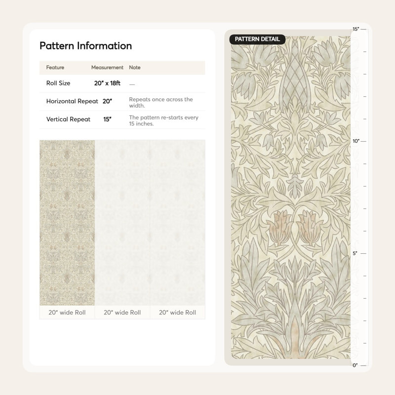 Papier peint neutre avec motif damassé botanique beige et gris, Textured Non-Pasted