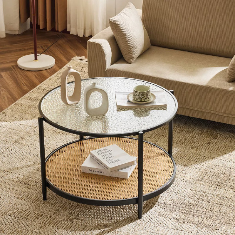 30.78In Black Iron Frame Ripple Glass + PVC Vine Double-Layered Round Coffee Table