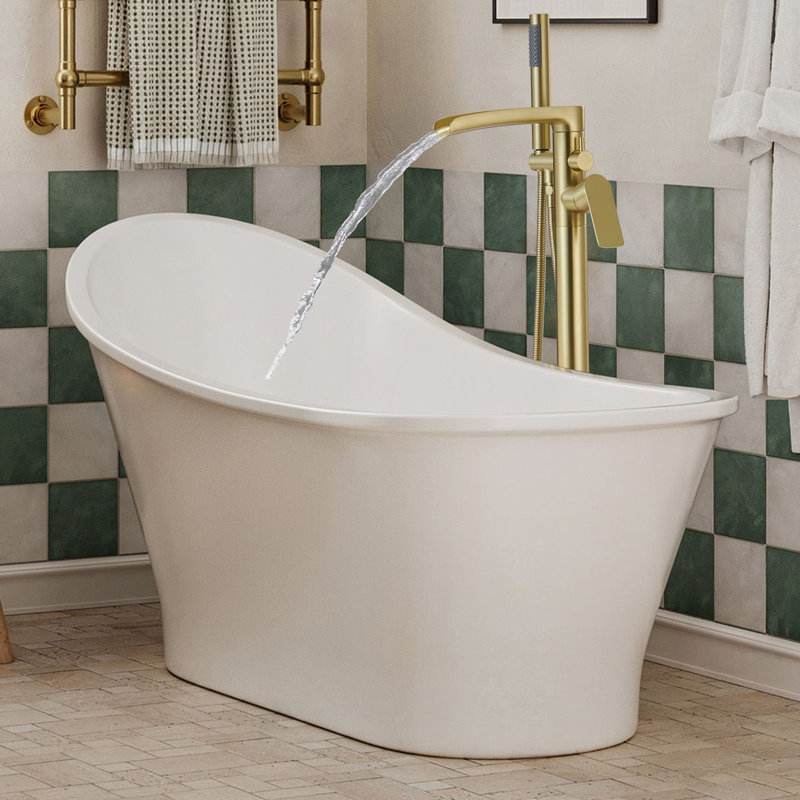 37-1/2" Solid Brass Floor Mounted Bathtub Faucet Freestanding Tub Filler with Handheld Shower, Brushed Gold