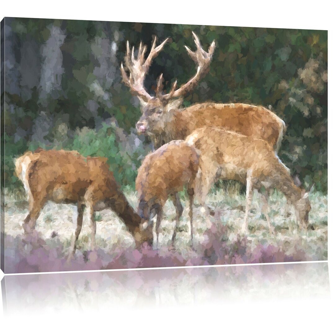 Leinwandbild Hirschfamilie auf Waldlichtung in Beige/Grün