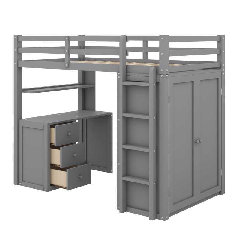 Lit mezzanine polyvalent avec tiroirs de rangement intégrés, bureau de travail spacieux et armoire de style armoire, Gris