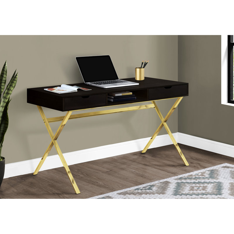 Table d'ordinateur de bureau à domicile avec plateau en stratifié brun de 48 po, base en métal doré et tiroirs de rangement pour poste de travail efficace