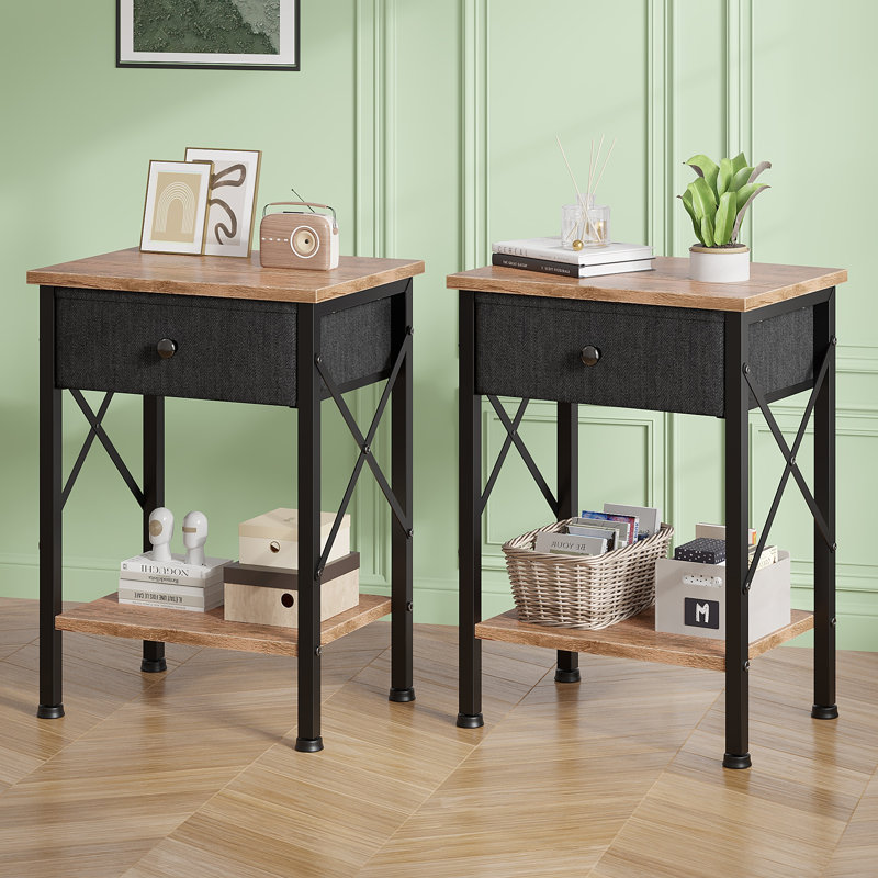 Set Of 2 Fabric Drawer Nightstand With Open Shelf, Small Bedside Table For Bedroom, Living Room Or Dorm, Black/Walnut Brown