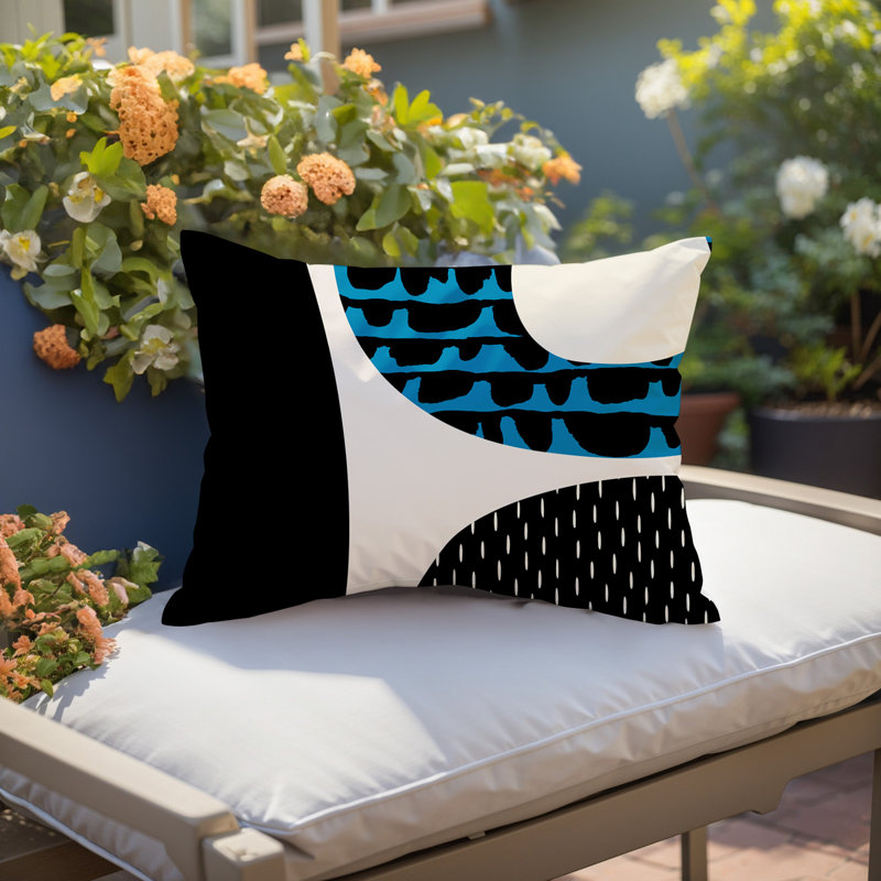 Coussin lombaire réversible intérieur / extérieur Vikka, H 14 po x l 20 po, Turquoise / noir / blanc cassé
