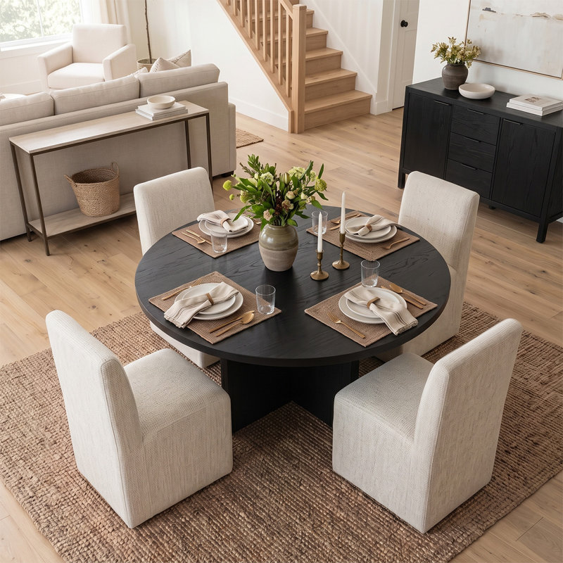 Ensemble de table de salle à manger ronde de 52 pouces en placage de bois avec pieds et chaises rembourrés, Beige