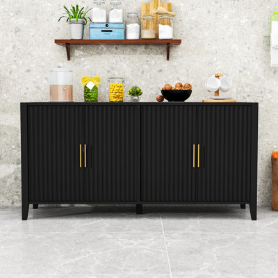 Modern Wave-Patterned Sideboard Buffet Cabinet with 4 Doors, Pine Wood Legs and Spacious Storage