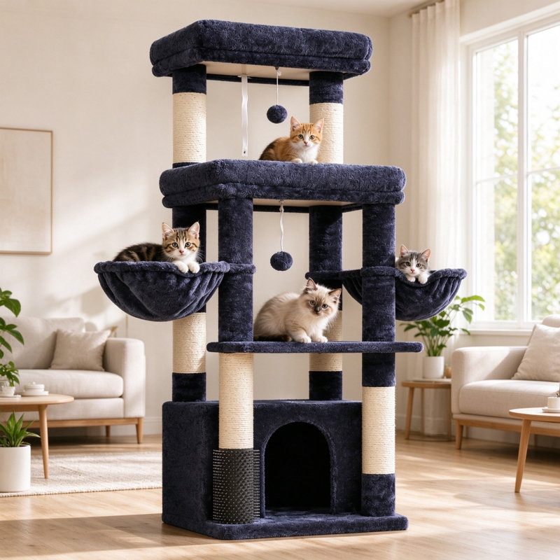 Cat Tree Tower, 130cm Tall with Extra Large Platform, Spacious Cat Condo, 2 Cozy Hammocks & Self-Grooming Brush, for Indoor Adult Cats & Maine Coon, Smoky Grey