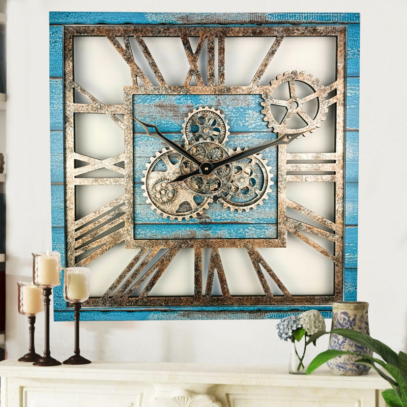 Wall Clock 24" Square Oversized for Living Room decor with Real Moving Gears America Collection, Blue