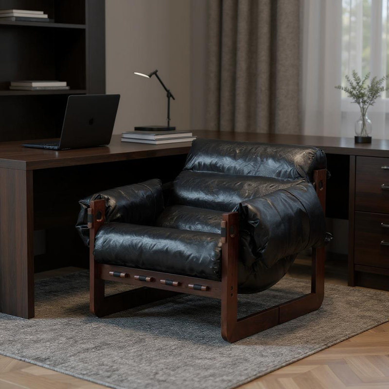 Ergonomic Faux Leather Office Chair with Padded Arms & Wood Frame, Brown, Black